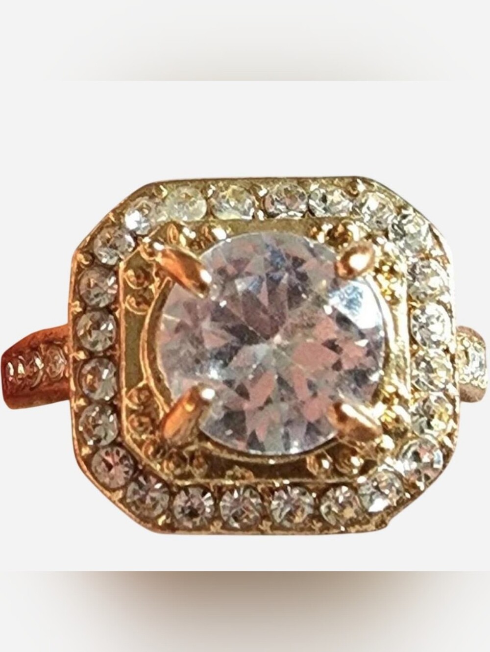 Gold Tone Cocktail Ring with Clear Crystal & Rhinestones